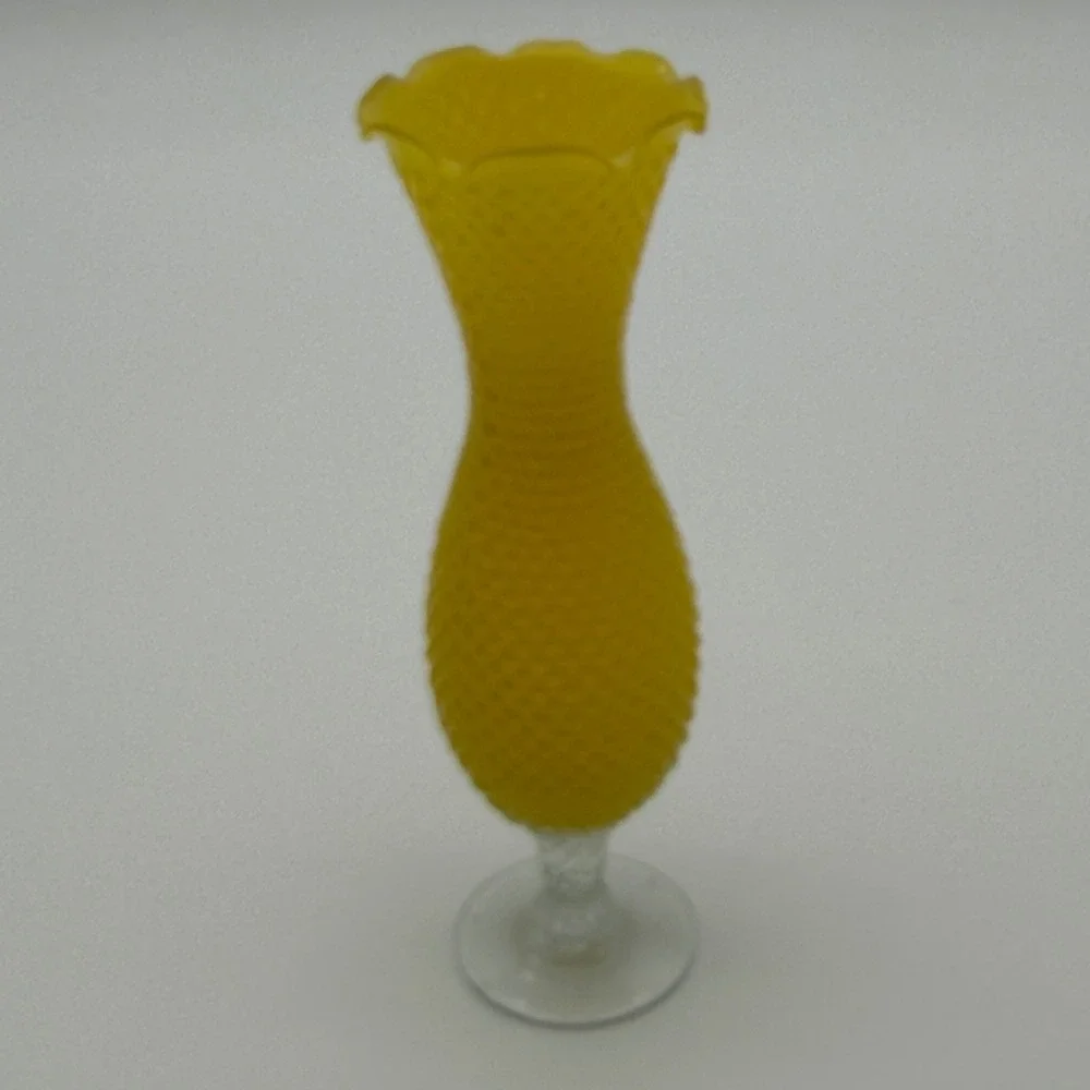 Vintage Yellow Satin Hobnail Glass Bud Vase Clear Twisted Stem‎ Ruffled Rim 10in